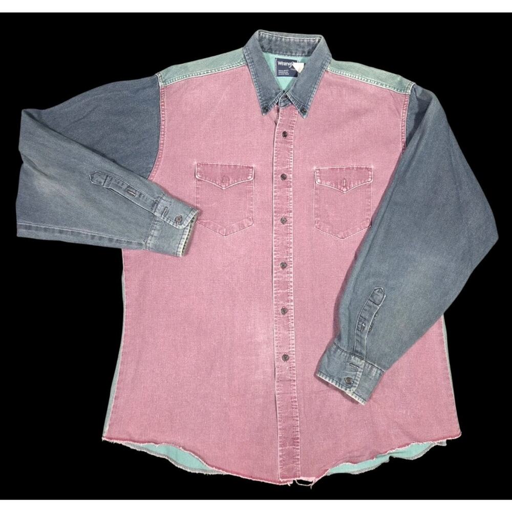 Vtg Wrangler X-Long Tails Western Shirt Colorblock USA Button Down 17.5x36 XL